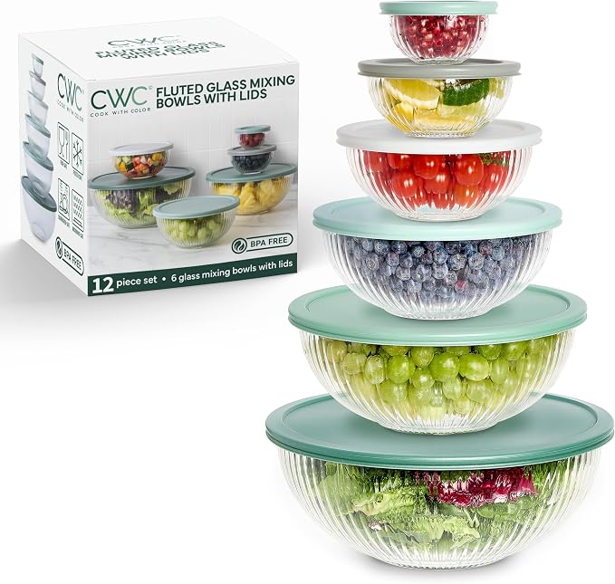 COOK WITH COLOR 12 Pc Glass Mixing Bowl Set with Lids – Borosilicate Glass Nesting Bowls for Cooking, Baking and Meal Prep, Fluted Sage by CookwithColor