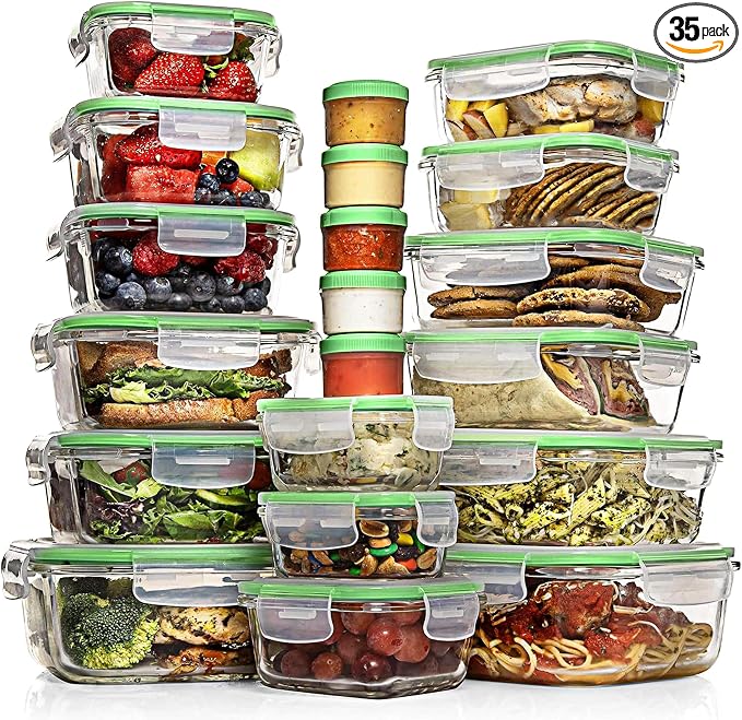 Razab 35 Pc Set Glass Food Storage Containers with Lids - Meal Prep Airtight Bento Boxes BPA-Free 100% Leak Proof (15 lids,15 glass & 5 Plastic Sauce/Dip Containers) by RazabHomeGoods