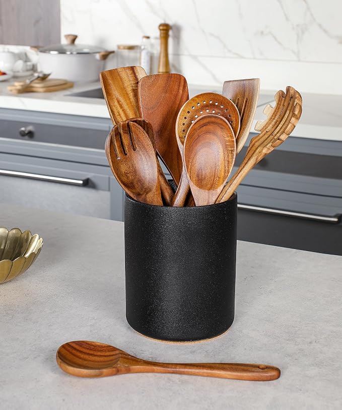 Wooden Cooking Utensils Set with Ceramic Holder,Teak Wood 10pcs Utensils | Holder for Countertop with Protection Cork Bottom,Nonstick Spoons, Spatula Set,Kitchen Decor, (Stone Black) - Image 7