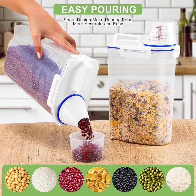 4 Pcs Set Rice Storage Container 5.5lb, Rice Dispenser with Measuring Cup & Pour Spout for Flour Pasta Grain Pet Dog Cat Bird Food Storage Container - Image 4