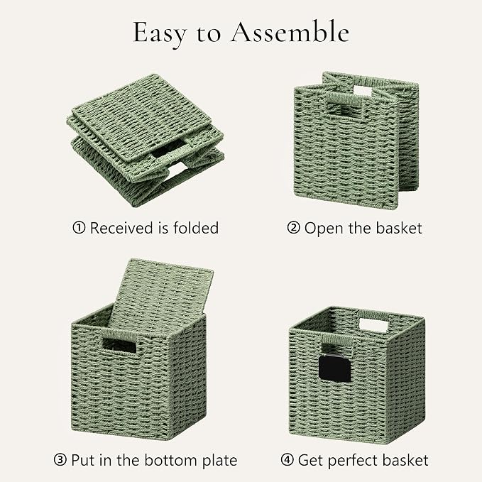 UBBCARE 4 Pack Wicker Basket, 12×12 Storage Cubes with Label, Foldable Cube Storage Bin with Handle, Square Storage Basket for Shelves, Woven Paper Rope Basket for Organizing, Dark Green - Image 7