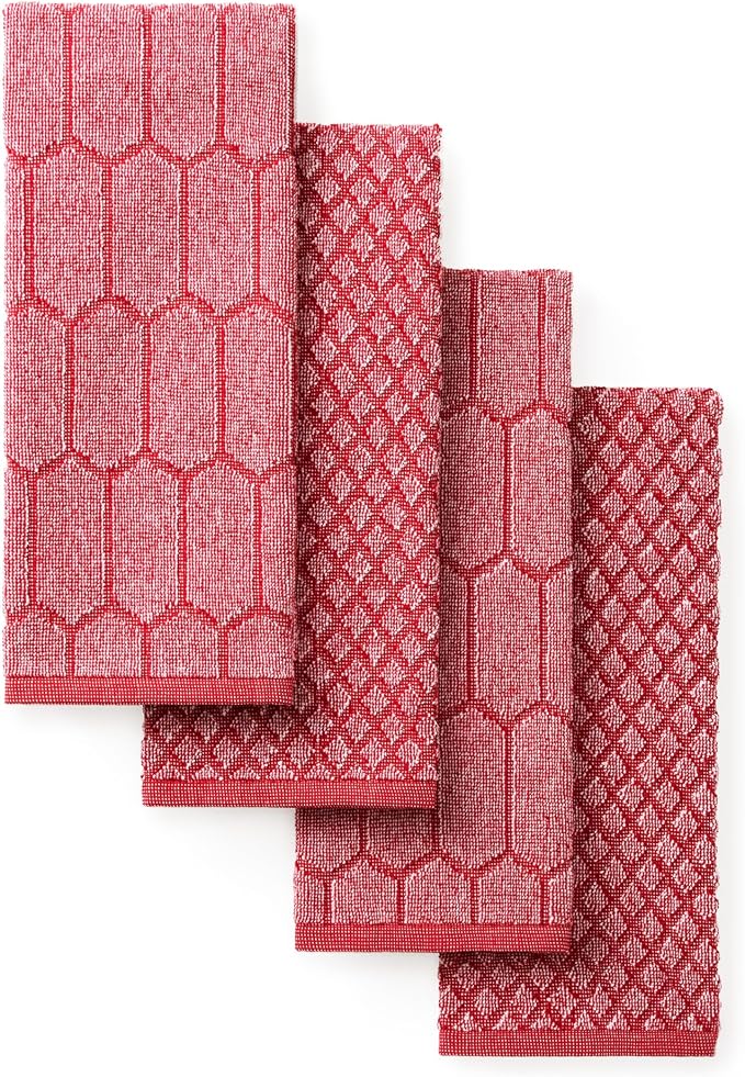 Martha Stewart Honeycomb Chambray Textured Kitchen Towel 4-Pack Set, 100% Cotton with Absorbent Terrycloth, Decorative Kitchen Towels, Red, 16"x28" by MarthaStewart