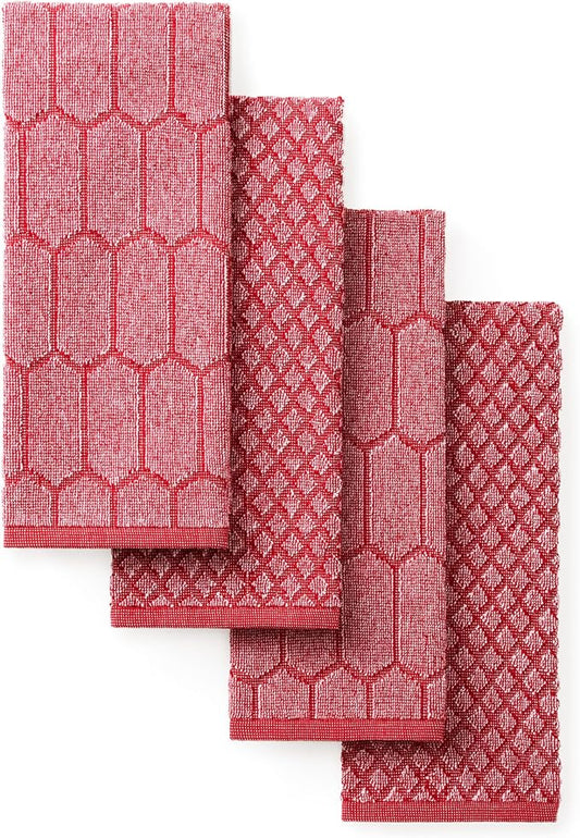 Martha Stewart Honeycomb Chambray Textured Kitchen Towel 4-Pack Set, 100% Cotton with Absorbent Terrycloth, Decorative Kitchen Towels, Red, 16"x28" by MarthaStewart