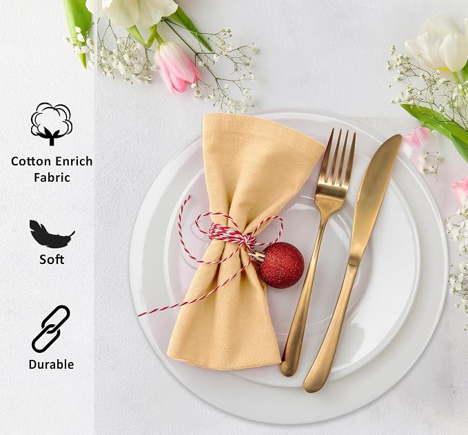 Ruvanti Cloth Napkins Set of 6, 18x18 Inches Napkins Cloth Washable, Soft, Durable, Absorbent, Cotton Blend. Table Dinner Napkins Cloth for Hotel, Lunch, Restaurant, Wedding Parties - Ivory Gold - Image 5