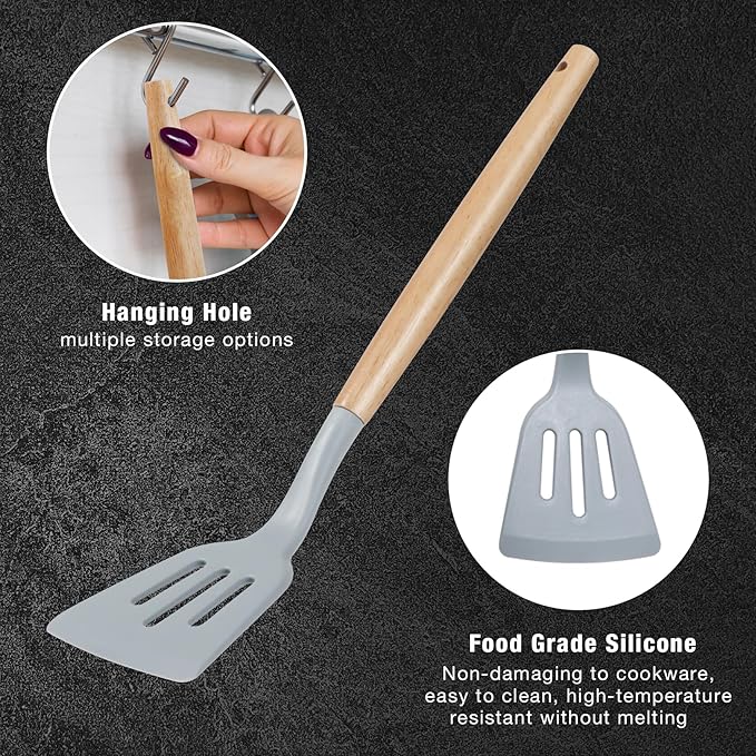 19PCS Gray Kitchen Cooking Utensils Set Kitchen Tools Set | 6 Stainless Steel Knives, 11 Silicone Utensils with 1 Cutting Board, Ideal for Apartment - Image 4