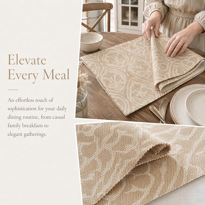 17x17 Beige Elephant Cloth Napkins Set of 6 Washable Boho Decor | Love bohemian style? These 17x17 washable beige elephant pattern napkins bring an exotic, chic vibe to daily meals. - Image 3