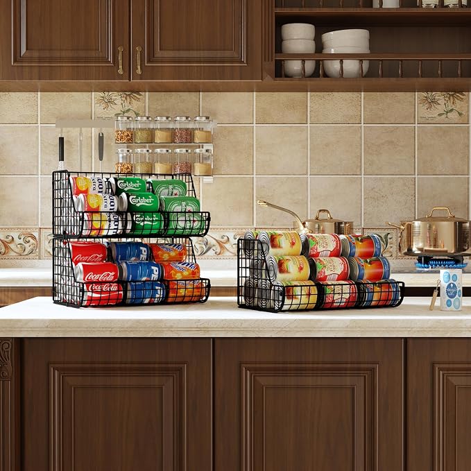 2-Tier Stackable Can Organizer for Pantry Shelves, 2 Pack Soda Can Organizer with 4 Adjustable Dividers, Kitchen Can Storage Organizer, Wire Drink Organizer, Metal Can Dispenser for Cabinets Shelf - Image 6