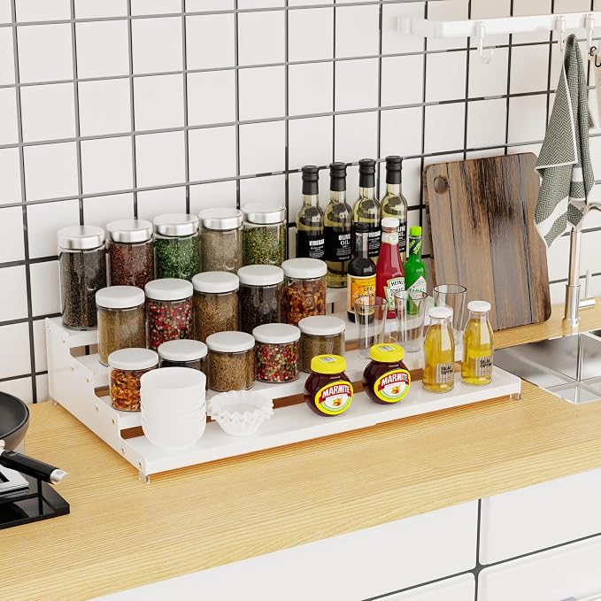 Jojocross Expandable 4-Tier Step Spice Rack Organizer for Kitchen Cabinet Modern Design and Non Skid Space Saving Storage Shelf for Countertop Cabinets Pantry(1Pack/White) - Image 2