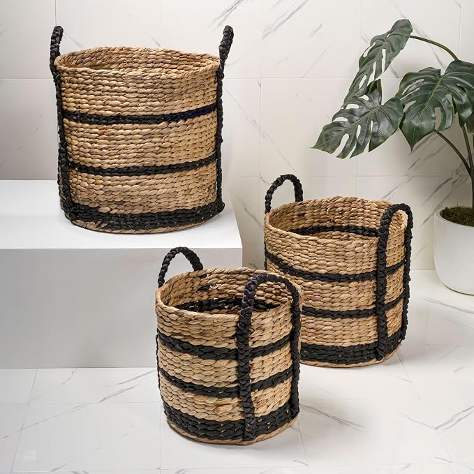 happimess Willow 3-Piece Nesting Hyacinth Baskets 19", Natural/Black | Handwoven, Rustic Cottage Stripe, Integrated Side Handles, Decorative Storage Containers, Living Room, Bedroom - Image 2