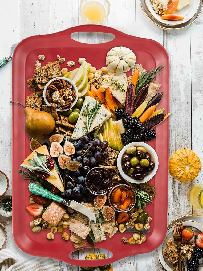 ECOIOU 20x13 inch Extra Large Serving Tray with Handles, Set of 2, Red | Melamine Platters for Serving Food, Turkey, Cookie, Rectangular Trays for Eating, Raised Dots Matt Finished, Dishwasher Safe - Image 6