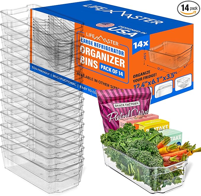 14-Piece Stackable Refrigerator Bin Organizer Set with Easy Grip Handles - Clear Multi-Purpose Storage Bins for Fridge and Pantry Use by LIFEMASTER