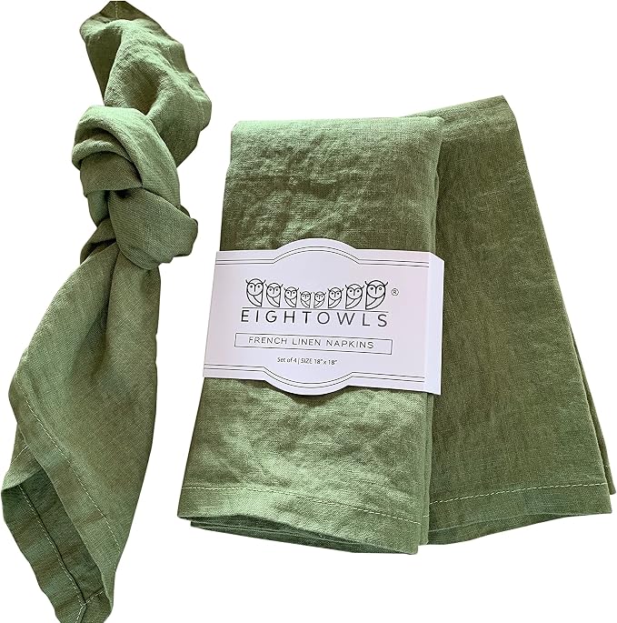 Linen Napkins –100% French Flax – Stonewashed Pure Linen Cloth Napkins - Size 18 Inch x 18 Inch – Set of 4 (Pepper Green) by EightOwls