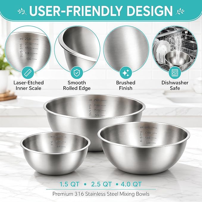 Stainless Steel Mixing Bowls Set of 3, 1.5/2.5/4 Qt Metal Mixing Bowl Set for Baking, Salad, Cooking & Meal Prep, Nesting Stainless Steel Bowls with Measurement Marks, Dishwasher Safe - Image 3