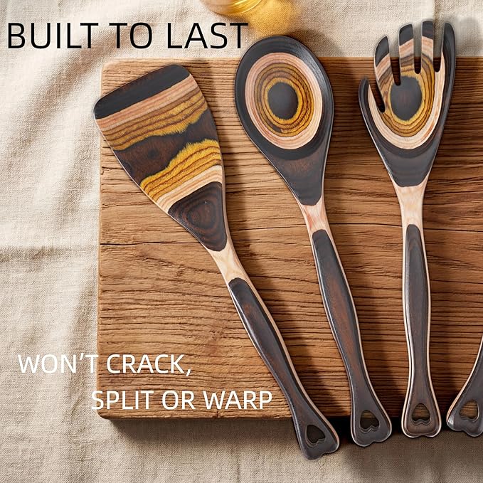 7PCS Pakkawood Kitchen Utensil Set | Heart-Shaped Wooden Spoons for Cooking | Heat-Resistant Wooden Spoons | Kitchen Essential Gift | Tuscan Brown - Image 5