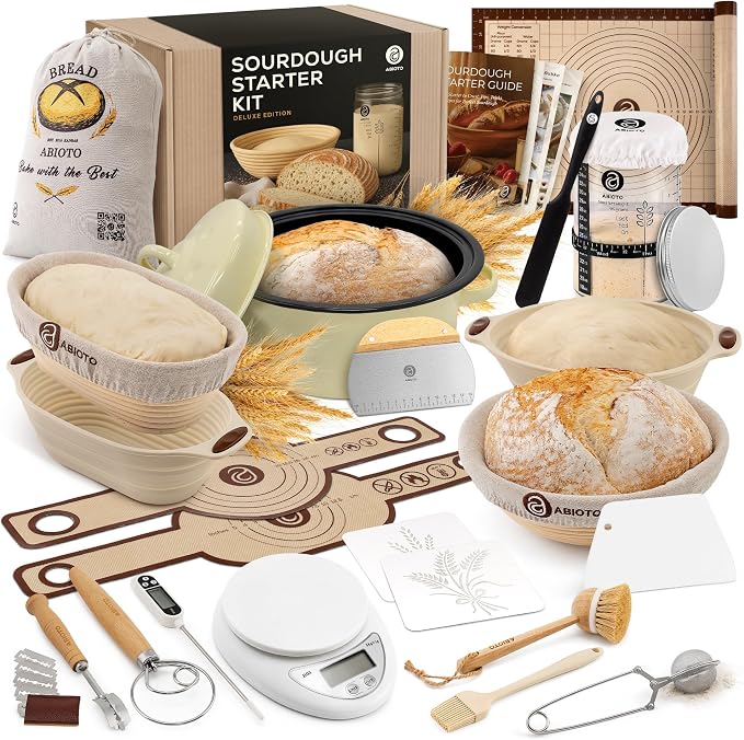 Sourdough Starter Kit with Dutch Oven and Scale - Complete Sourdough Kit with Proofing Baskets, 34oz Jar, Slings, and Other Premium Bread Making Tools - Perfect Baking Gifts for Women, Men, and Bakers by ABIOTO