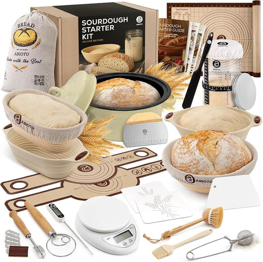 Sourdough Starter Kit with Dutch Oven and Scale - Complete Sourdough Kit with Proofing Baskets, 34oz Jar, Slings, and Other Premium Bread Making Tools - Perfect Baking Gifts for Women, Men, and Bakers by ABIOTO