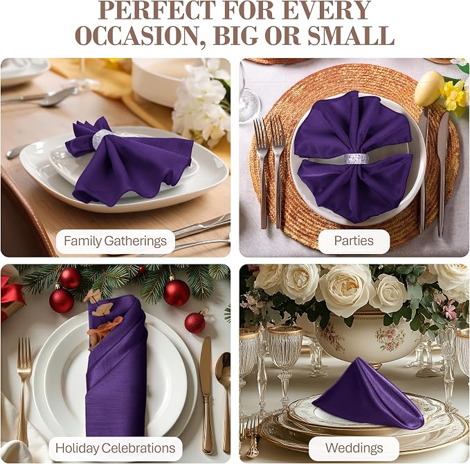 17x17-Inch Shantung Satin Cloth Napkins, Purple, Set of 12 | Bulk Case of 1 Dozen, Square, 100% Polyester Fabric, Reversible, Faux Dupioni Silk Reverse Side, Machine Washable - Image 4