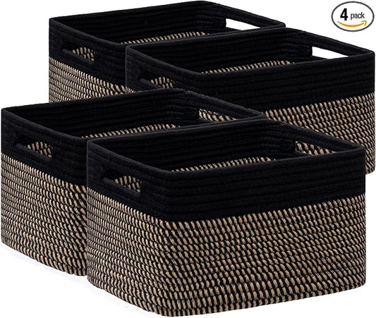4 Pack Storage Baskets for Organizing, Shelf Baskets with Handles, Black&Brown by UBBCARE
