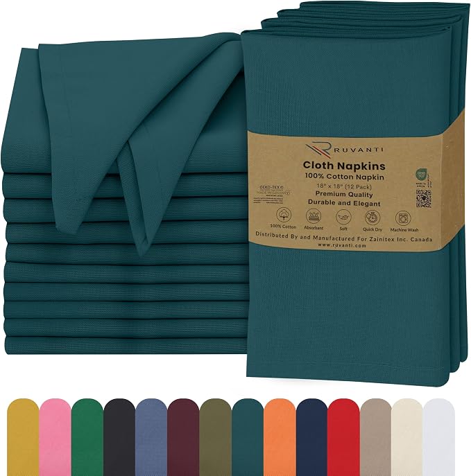 Ruvanti Cloth Napkins Set of 12, 18x18 Inches, 100% Cotton, Washable, Soft & Absorbent, Perfect for Wedding, Christmas, ‎Thanksgiving Dinners - Deep Teal by Ruvanti