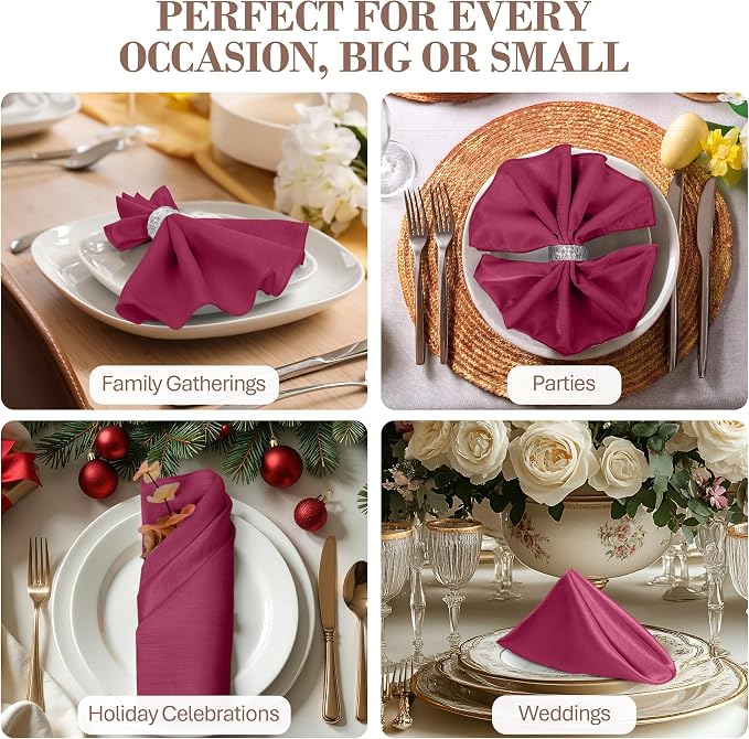 17x17-Inch Shantung Cloth Napkins, Raspberry, Set of 24 | Bulk Case of 2 Dozen, Satin, Square, 100% Polyester Fabric, Reversible, Faux Dupioni Silk Reverse Side, Machine Washable, Red - Image 4