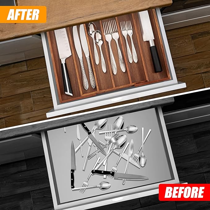 Acacia Silverware Organizer Kitchen Drawer Organizer Expandable Bamboo Utensil Holder Cutlery Tray for Kitchen Utensil and Flatware Bedroom Office - Image 2