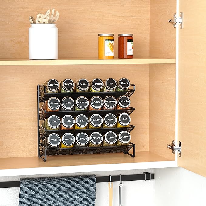 SpaceAid Spice Rack Organizer with 24 Spice Jars, 386 Spice Labels, Chalk Marker and Funnel Set for Cabinet, Countertop, Pantry, Cupboard or Door & Wall Mount -24 Jars, 11.8" W × 10.8" H, Black - Image 2