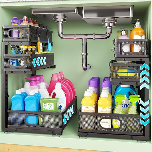 3 Tier Under Sink Organizer,Black Metal Pull Out Kitchen Cabinet Organizers, Slide Out Under Sink Storage Drawers, Undersink Organizer,Bathroom Counter Shelf, Pantry Organization and Storage （2 Pack） by Kzeirm