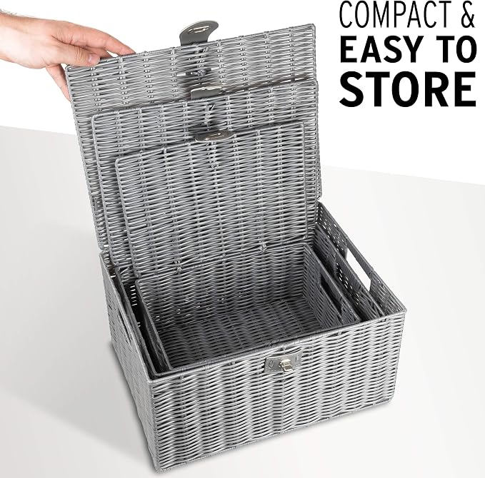 ARPAN Set of 3 Resin Woven Utility Storage Basket Box With Lid & Lock (Grey) - Image 7