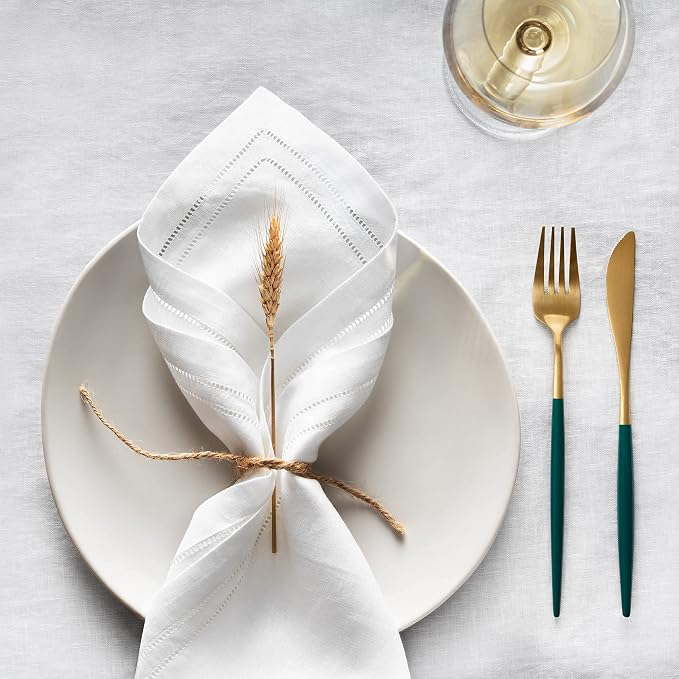 White Linen Napkins 20 x 20 inch - 100% Flax Linen Double Hemstitch Dinner Napkins Set of 4 - Cloth Napkin Washable Perfect for Father's Day, Summer, 4th of July and Wedding Decor - Image 3