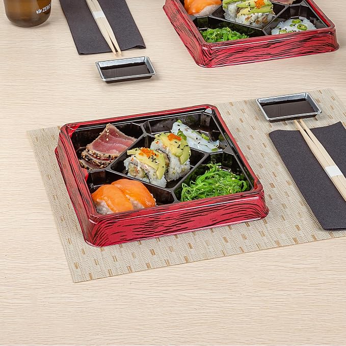 Restaurantware Bento Tek 18.6 Ounce Meal Prep Containers, 100 Disposable To Go Food Boxes - Lids Sold Separately, 5 Compartments, Red And Black Plastic Bento Lunch Boxes, Freezable, For Take Out - Image 3