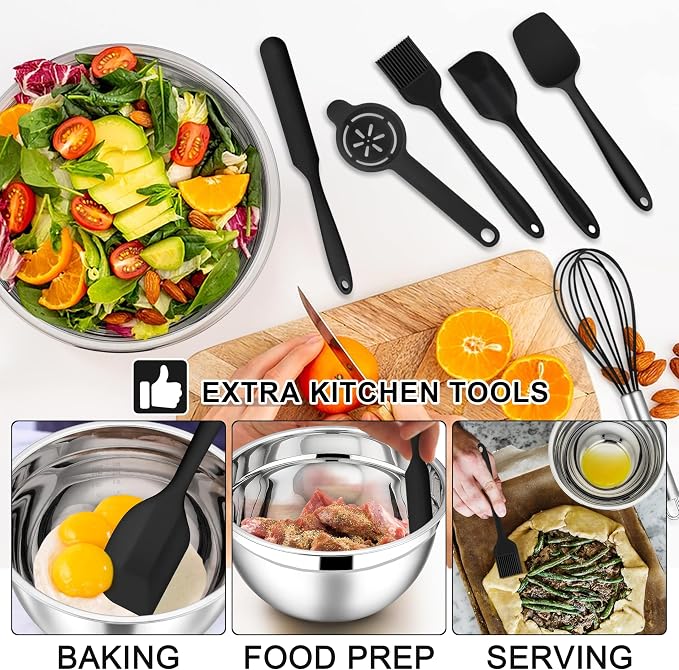 E-far Mixing Bowls with Lids Set, 21PCS Stainless Steel Salad Mixing Bowls with 3 Grater Attachments, Size 7, 4.6, 3.5, 2.6, 2, 1.5, 1QT, Nesting Design & Black Airtight Lid, For Baking/Prepping - Image 2