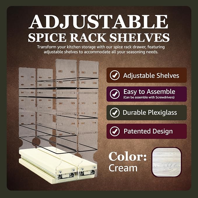 Adjustable Spice Rack Drawer - Pull Out Cabinet Organizer - Kitchen and Pantry Organizers and Storage - Spice Caddy - 2 Drawers, 3 Upper Tier (4.6" W x 11.25" H x 10.6" D, Cream) - Image 2