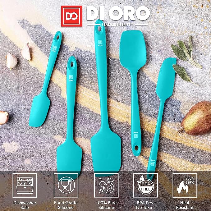 DI ORO Silicone Spatula Set - Rubber Kitchen Spatulas for Baking, Cooking, & Mixing - 600°F Heat-Resistant & BPA Free Silicone Scraper Spatulas for Nonstick Cookware - Dishwasher Safe (5pc, Teal) - Image 3
