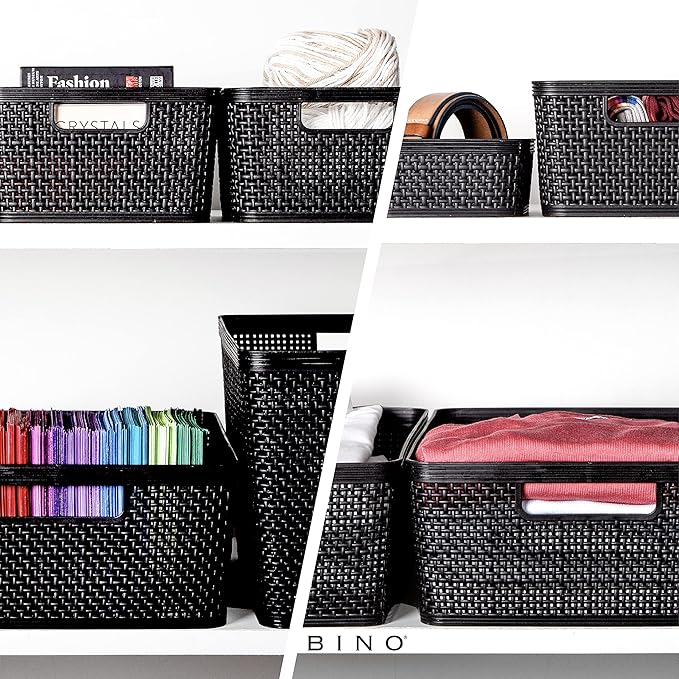 BINO | Woven Plastic Basket | Medium (Black), 4-Pack | THE JUTE COLLECTION | Home Organization, Space - Saving Storage, Stylish Design | Jute Basket | Plastic Storage Basket - Image 4