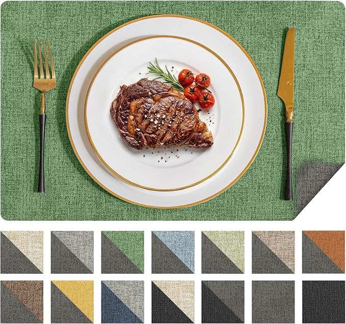 Romanstile Vinyl Placemats Set of 8, Reversible Faux Leather Heat Resistant Wipeable Table Mats, Waterproof Washable Non-Slip Table Placemats for Dining/Kitchen/Outdoor (Grey DarkGreen, 12" x 17") by Romanstile