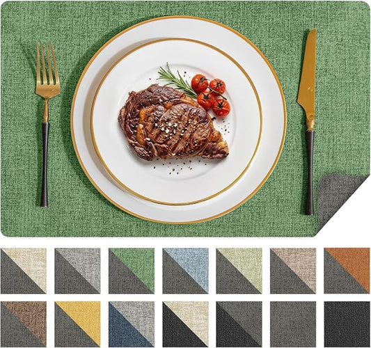 Romanstile Vinyl Placemats Set of 8, Reversible Faux Leather Heat Resistant Wipeable Table Mats, Waterproof Washable Non-Slip Table Placemats for Dining/Kitchen/Outdoor (Grey DarkGreen, 12" x 17") by Romanstile