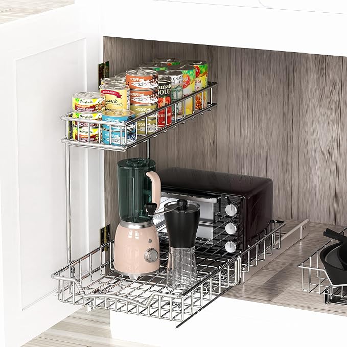 Simple Houseware 2-Tier (L+M) Pull Out Under Cabinet Sliding Shelf, Chrome | for Kitchen Organizer - Image 4