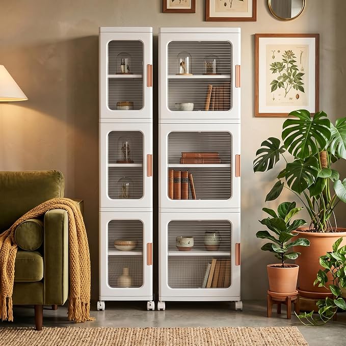 3-Tier Tall Narrow Plastic Storage Cabinet of 2, Foldable | Rolling Organizer with Lid,Doors,Stackable, Adjustable Shelves, Durable PP,Freestanding Bathroom Cabinet for Small Slim Space by AvaloomiaHome