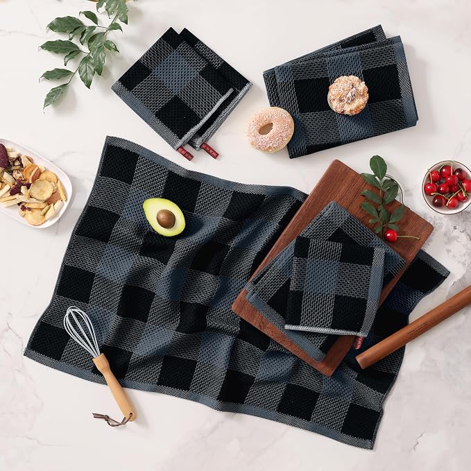 Homaxy Kitchen Towels and Dishcloths Set, Set of 8, Black & Grey | Bulk Cotton Waffle Weave Check Plaid Kitchen Towels, Super Soft and Absorbent Dish Cloths, 12 x 12 and 20 x 28 Inches - Image 2