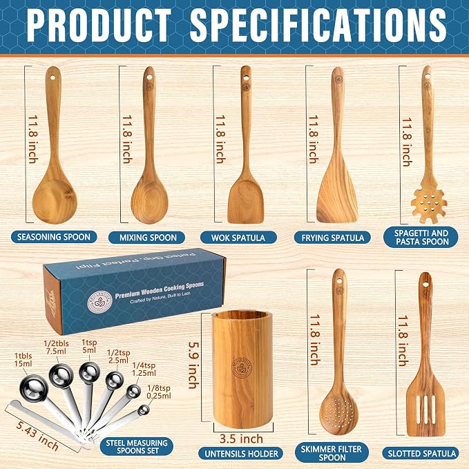 Complete 9-Piece Wooden Kitchen Utensil Set with Holder and Stainless Steel Measuring Spoons - Non-Toxic Wood Spatulas for Cooking, Safe for Non-Stick & Cast Iron Cookware - Image 3