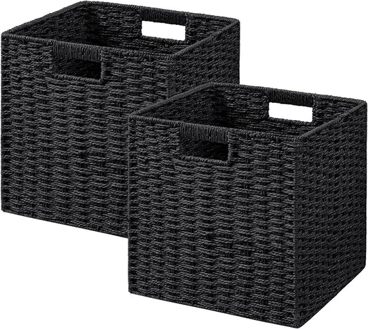 UBBCARE 2 Pack Wicker Basket, 11L×11H×10.5W inch Woven Paper Rope Storage Baskets for Shelves, Foldable Cube Storage bin with Handle, Storage Basket for Organizing & Decor, Black by UBBCARE