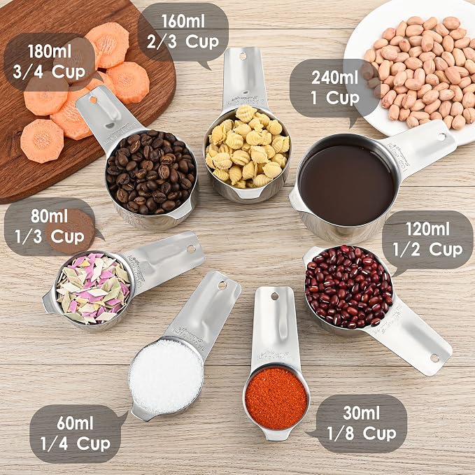 Stainless Steel Measuring Cups and Spoons Set, 18/8 (304) Measuring Cups Spoons, Heavy Duty 7 Measuring cups and 9 Measuring Spoons 1 Leveler for Baking and Kitchen - Image 2