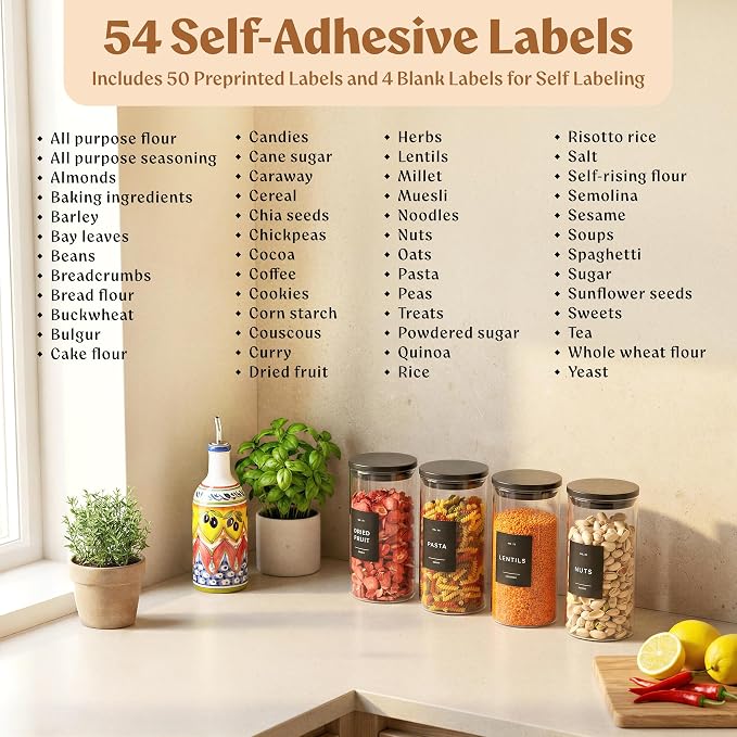 Glass Storage Containers with Black Lids [4x40oz] Extra Thick Glas with 54 Labels - Canister For Pantry Noodles Flour Cereal Rice Sugar Tea Coffee Beans - Round Set - Image 8