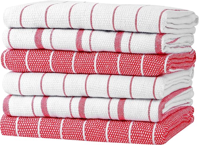 Zeppoli Classic Kitchen Towels - 6 Pack 100% Natural Cotton Towel Set, Reusable Wash Cloths, Absorbent Dish Towels, Machine Washable Hand Towels, Kitchen Essentials, 20� x 28� - Red VAR by Zeppoli