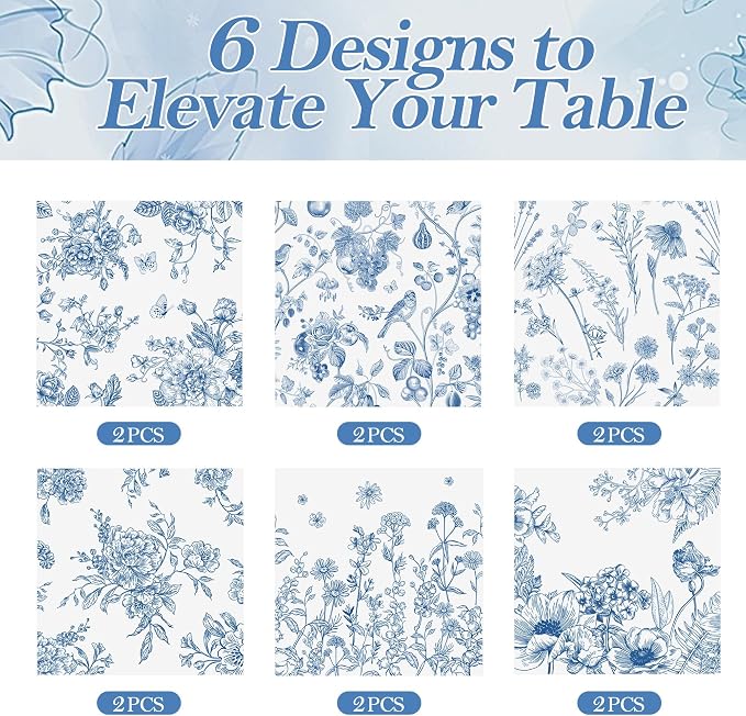 Kochorie 12 Pieces Blue Floral Cloth Napkins, 18 x 18 Inch Reusable Soft Fabric Napkins, Washable Flower Dinner Cocktail Napkin for Spring Summer Tea Party Holiday Home Kitchen Wedding Restaurant - Image 3