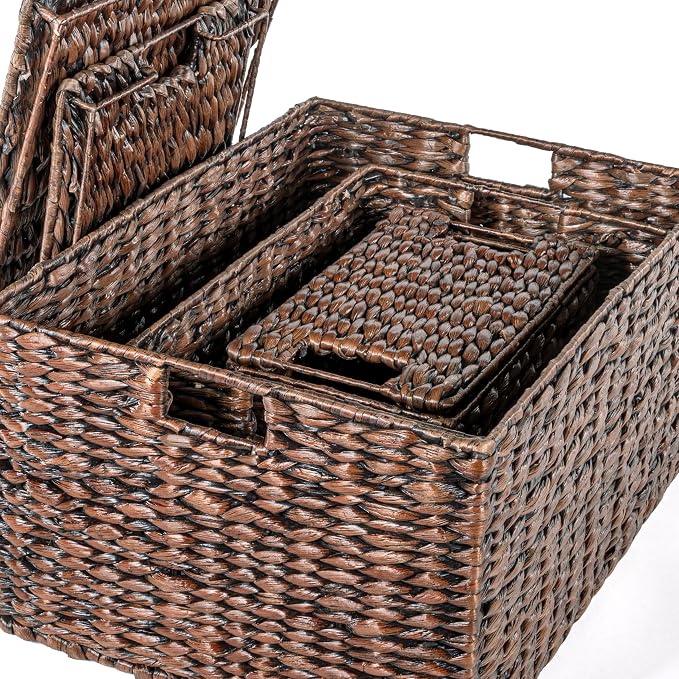 happimess Traditional 10-Piece Hyacinth Wicker Baskets, Dark Brown Wash | Hand-Woven Iron Frame Storage, Lidded Trunk, Trash Bin, Southwestern Style, Living Room Bedroom Decor - Image 4