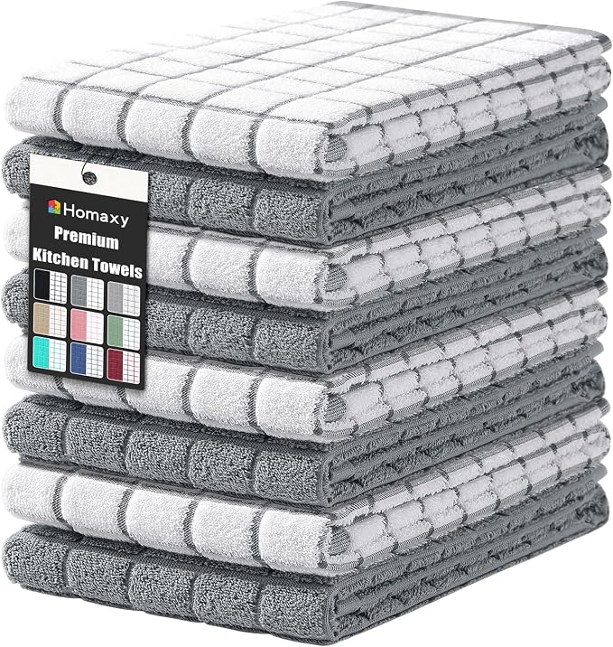 Homaxy Large Premium Cotton Kitchen Towels 16"x 28", 8 Pack, Grey | Natural Ring Spun 390 GSM Dish Towels, Super Absorbent Terry Kitchen Hand Towels, Soft Tea Towels with Hanging Loop by Homaxy