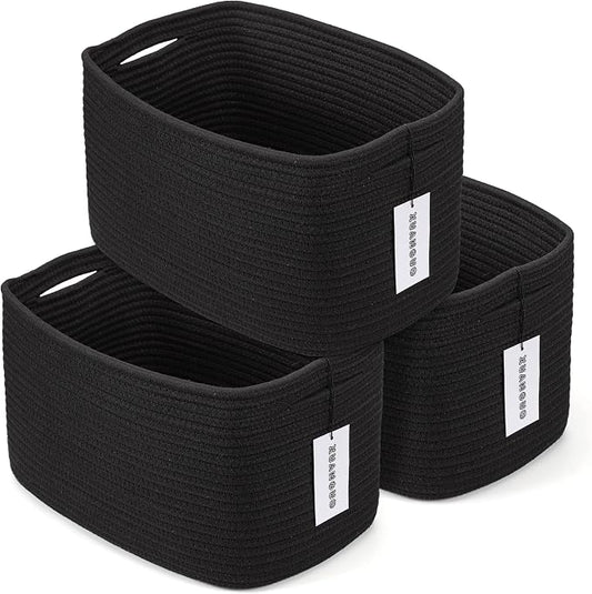 XUANGUO Woven Cotton Rope Storage Baskets 15x10x9.3" 3 Pack Black | Decorative rectangular storage baskets for shelves and closets; storage bins organize clothes, toys, books and nursery items. by XUANGUO