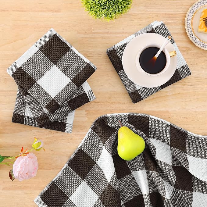Homaxy Kitchen Towels and Dishcloths Set, Set of 16, White & Dark Brown | Bulk Cotton Waffle Weave Check Plaid Kitchen Towels, Super Soft and Absorbent Dish Cloths, 12 x 12 and 13 x 28 Inches - Image 7