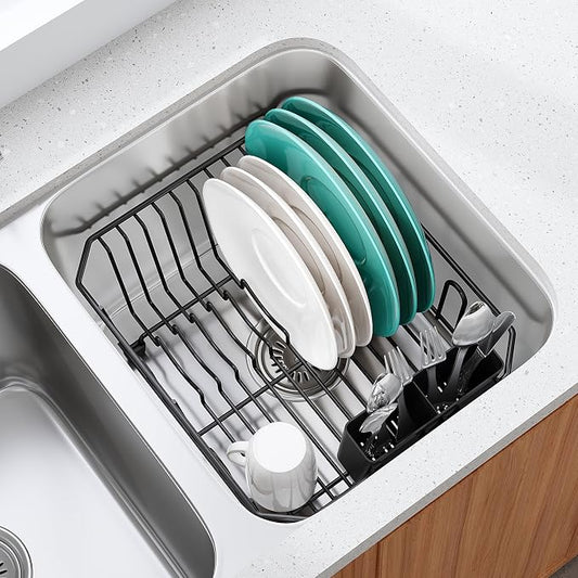 JASIWAY in Sink Dish Drying Rack, Stainless Steel Small Black Dish Drainer | Perfect Fit 12"x14" Double Bowl Sink, Counter Space Saving for Kitchen, Apartment, Sturdy Dish Dryer with Utensil Holder by JASIWAY